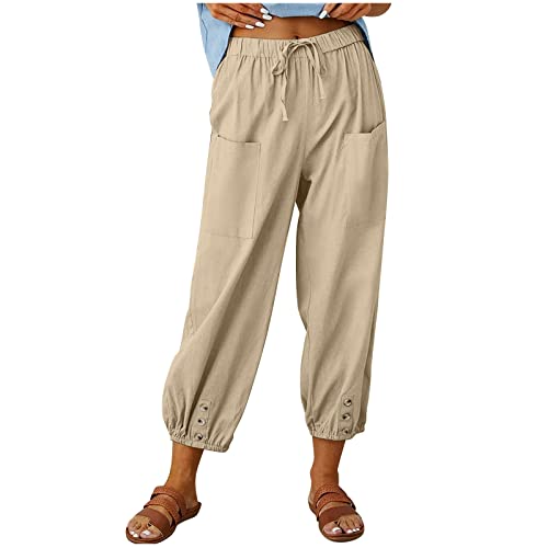 Leinenhose Damen 7/8 Lang Sommerhose Baumwolle Leinen Freizeithose Lässige Einfarbig Stoffhose Casual Loose Fit Strandhose mit Taschen Yogahose Elastische Taille Haremshose Caprihose