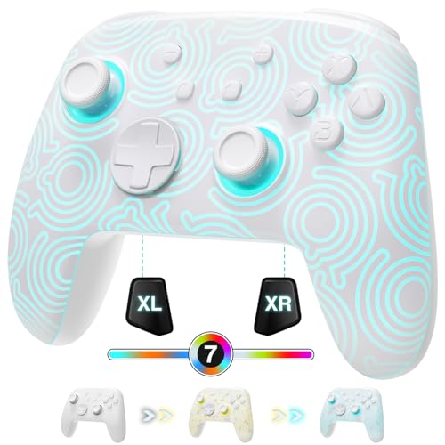 PALPOW [Leuchtend Modus] Switch Controller Wireless Kompatibel mit Switch/OLED/Lite, Firefly Bluetooth Kontroller Gamepad mit 7 LED Farben/NFC/Paddle/Turbo - Weiß