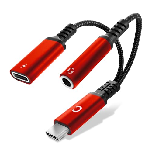 CELLONIC 2-in-1 Adapter USB-C Klinke, 3,5 mm Aux-Splitter Audio und Ladeanschluss mit 60 W Power Delivery, USB-C Schnellladekabel Kompatibel mit iPhone, Samsung, Telefon, Headset, Kopfhörer - Rot