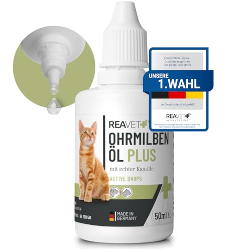 ReaVET Ohrmilbenöl Plus 50ml sofort wirksames Mittel für Katzen – gegen Ohrmilben mit Kamille für Katze, Sanfte Pflege bei Juckreiz im Ohr, Ohrentropfen Milben, Ohrenreiniger