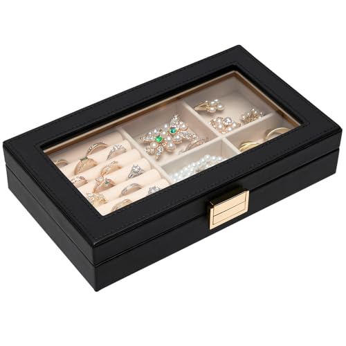 Seelux Schmuckablage, stapelbare Schmuckbox, Schubladen-Schmuckorganizer mit Glasdeckel, herausnehmbaren Trennwänden für die Schminktisch, Geschenkidee für Mädchen und Frauen (Schwarz)