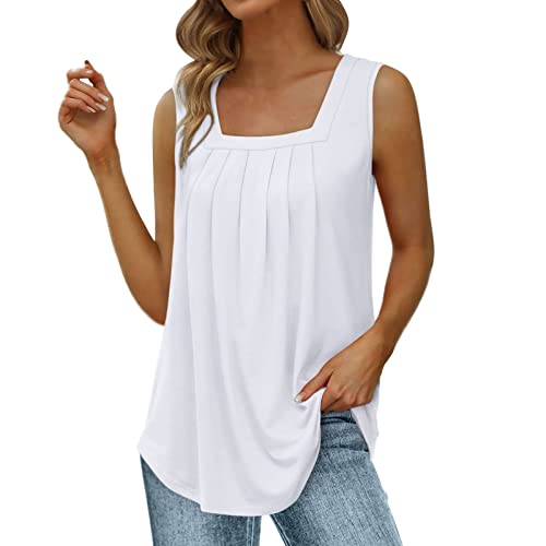 Sommer Tanktop Ärmellose Weste Damen Lang Sommerweste, lockeres, plissiertes, ärmelloses Oberteil mit quadratischem Ausschnitt, gebogener Saum, lockeres, großes Damenoberteil Cut Out Shirt Damen