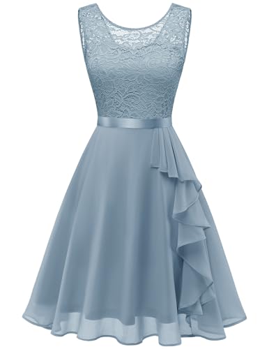 Berylove Cocktailkleid Damen Rüschen Sommerkleid Festliche Kleider A Linien Kleid Abendkleider Elegant für Hochzeit Jugendweihe Kleid BLP7052NC Grey Blue XL