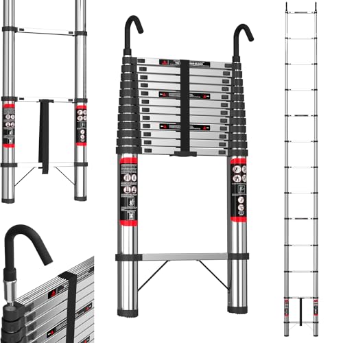 5M Teleskopleiter mit Haken Edelstahl Leiter Klappleiter Ausziehleiter Stehleiter Rutschfester, Teleskop-Design, aus hochwertigem Edelstahl, Tragbar, Leichte, 150 kg Belastbarkeit
