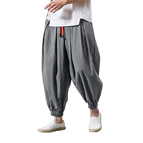 Haremshose Herren Baumwolle Leinenhose Lockere Leicht Pluderhose Elastischer Bund Sommerhose Jogging Haremhosen Sport Leinenhosen Pumphose Baggy Übergröße Harem Pants mit Taschen