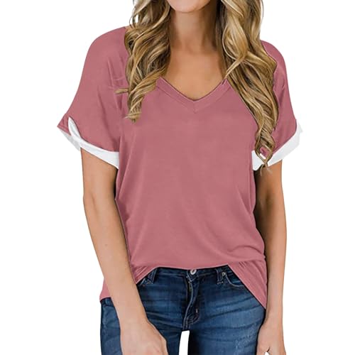 Generisch Damen T-Shirt Einfarbig Rundhals Kurzarm Sommer Shirt Locker Oberteile Basic Tops T Shirt Damen Elegante Top Damen Sommer Lang Rosa T-Shirt Damen Oberteil Lange äRmel Eng