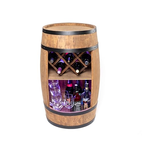 CREATIVE COOPER Fass bar mit Weinhalter - Weinregal LED RGB - Holzfass Hausbar 80x50cm - Rustikaler deko Barschrank Weinständer – Weinschrank (Dunkelbraun)