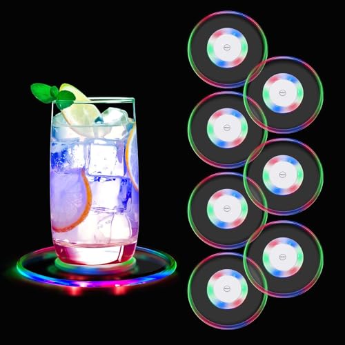 Tolesum 7er-Se Bunt LED Untersetzer,ON/Off Acryl LED Leuchtende Untersetzer,3 Beleuchtungsmodi wasserdichte Leuchtuntersetzer für Glas/Bar/Weihnachten Party/KTV/Nachtclub/Hochzeiten/Ostern (Runden)