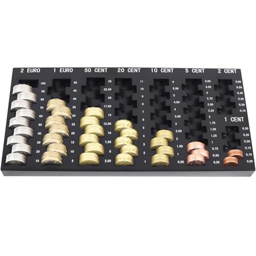 Münzzählbrett, 8 Fächer mit Ableseskala, für alle Euro und Cent Münzen - Zählbrett für Münzen, Münzsortierer, Münzbrett, Geldzählbrett, Kleingeld Sortierer - 33,0 x 18,5 x 2,0 cm