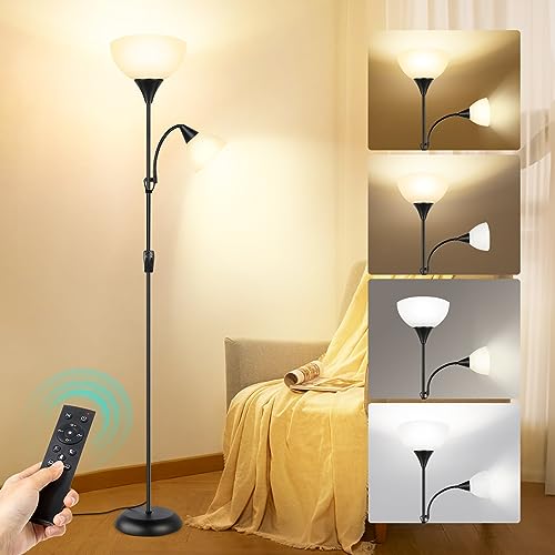 OUTON Stehlampe Wohnzimmer mit Leselampe, LED Dimmbar Deckenfluter, Stehleuchte mit Fernbedienung, 4 Farbtemperaturen, 1H Timer, Speicherfunktion, und 9W Glühbirnen, für Büro Schlafzimmer (Schwarz)