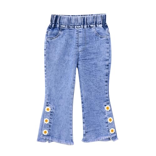 Generisch Jeans Mädchen Jeans High Waist Baggy Hosen Weites Bein Bootcut Jeanshose Zerrissen Loch Vintage Y2K Denim Jeans Lang mit Gummibund - 5-15 Jahre