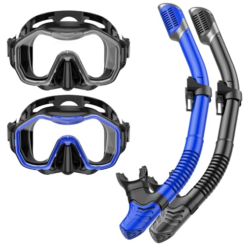 Lealinga Schnorchelset Erwachsene, 2er-Set, Schnorcheln Set mit Panorama Schnorchelmaske und Dry Schnorchel, Anti-Fog wasserdichte Tauchmaske aus Gehärtetem Glas für Tauchen, Schnorcheln, Schwimmen
