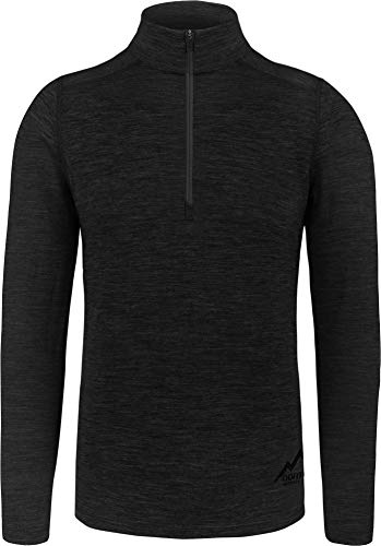 normani Herren Premium Merino Outdoor Langarm-Shirt Longsleeve mit Reißverschluss, 100% Merinowolle Pullover mit 1/4 Zip Farbe Dunkel-Schwarz Größe M/50