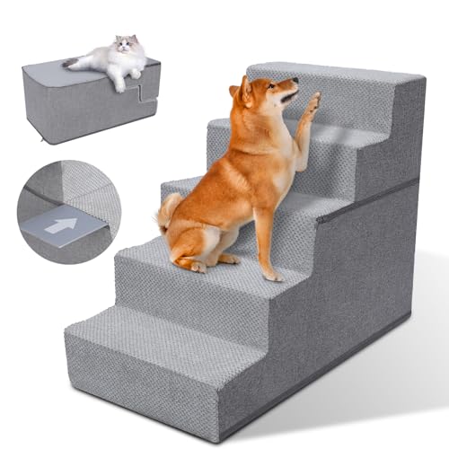 Myiosus Hundetreppe, Hundetreppe 5 Stufen, rutschfeste Hundetreppe für Kleine Hunde, Waschbar Haustiertreppe, Hunderampe aus Hochdichtem Schwamm, wasserdichte Katzentreppe für Bett, Sofa und Auto