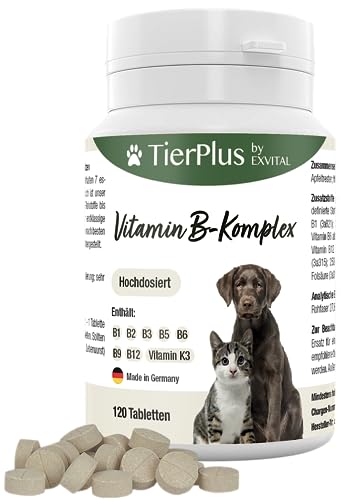 Tierplus Vitamin B Komplex für Hunde & Katzen- B1, B2, B3, B5, B6, B9, B12, K3, 120 Tabletten, hochdosiert- Made in Germany