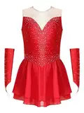 CHICTRY Kürkleider Eiskunstlauf Mädchen Strass Glitzer Kleid Ärmellos Tanzkleid Cut Out Ballettanzug Mit Fingerlose Handschuhe Ballerinas Kostüm Rot 122-128