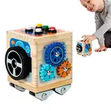 Holzaktivität Würfel, geschäftiger Aktivität Würfel, Busfahrzeug mit LED -Licht, Vorschule frühes Lernen von Bildungsspielzeugen, Feinmotorikspiel