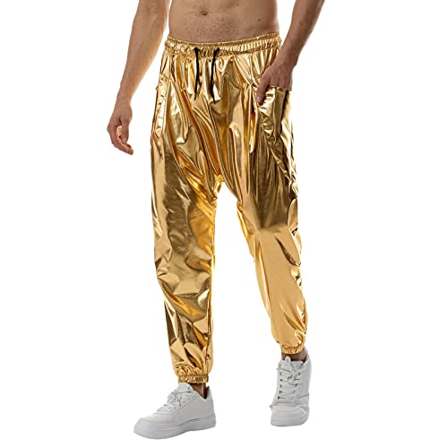 Glitzer Hose Herren Gold Silber - Metallic Jogginghose Hosen Disco Glänzend Hose Festliche Pants Metallic Glänz Hose Lange Jogginghose Shiny Clubwear Glitzerhose für DJ Rock Hip Hop Party Nachtclub