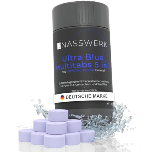 NASSWERK 5 in 1 Chlortabletten für Pool 20g (1kg) | Langzeit Ultra Blue Multitabs 5 in 1 für Pool & Whirlpool | Mini Chlortabs mit Chlor, Algizid, pH Regulierer, Reiniger & Aquamarin für klares Wasser