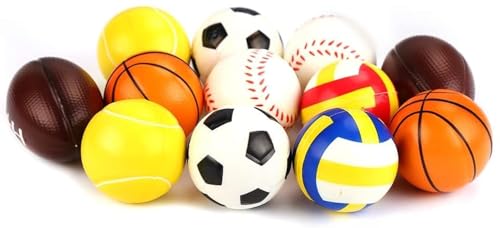 DERAYEE Packung mit 12 Mini Sport Trainings bällen,Weiche Schaumstoff-Sportbälle Umfassen Basketball,Fußball,Fußball,Tennisball,Rugby und Volleyball