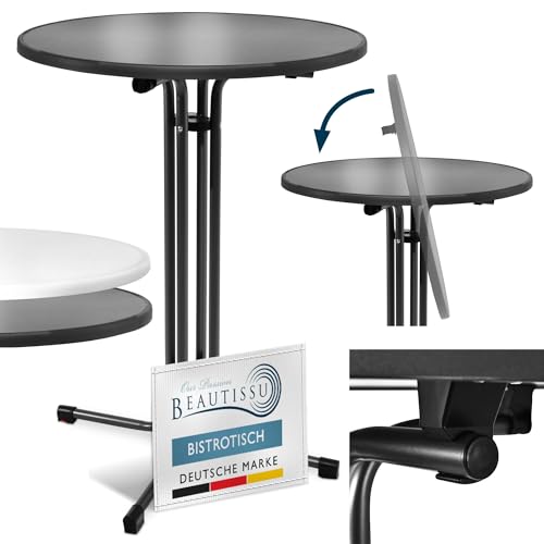 Beautissu Stehtisch klappbar 80 cm Schwarz Bellini – Kratzfest Stabil Wetterbeständig – Stehtische Outdoor Bistrotisch Rund Montage leicht Halterung vormontiert– Biertisch Partytisch Klappbar Bartisch