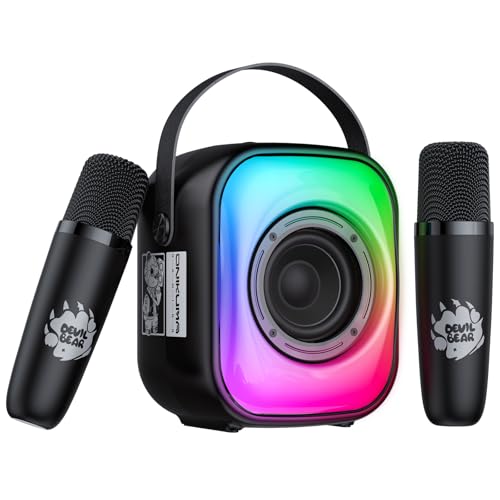 PHNIXGAM Mini Karaoke Maschine mit 2 drahtlosen Mikrofonen, Tragbarer Bluetooth Lautsprecher, Karaoke Mikrofon mit LED, Lautsprecher-Unterstützung für TF-Karte/USB, AUX in (Schwarz)