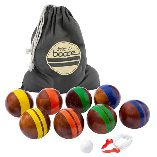 GoSports Unisex-Erwachsene Boccia Bocce-Set aus Hartholz, 100 mm, mit 8 Premium-Holzkugeln, Pallino, Etui und Messseil, Mehrfarbig/Meereswellen (Ocean Tides)