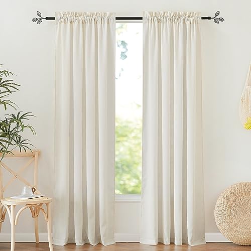 RYB HOME Wohnzimmer Gardinen Boho Leinenvorhang 2er Set H 220 x B 140 cm Vintage Gardinen Leinenoptik Halbtransparente Vorhänge mit Stangedurchzug Linen Curtains for Living Room, Elfenbeinweiß