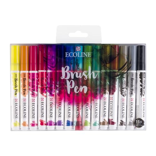 Ecoline Brush Pen-Set mit 15 flüssigen Aquarellstiften – Grundfarben | Mischbare Pinselstifte für Handlettering, Zeichnen und Basteln