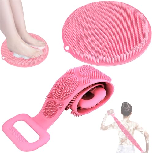 QUPOLPOL Silikon Duschbürsten Set – Rückenschrubber mit Griff + Rutschfeste Fußbürste für Dusche – 2-in-1 Massage- & Peeling-Kit für Körperpflege & SPA-Erlebnis Zuhause (Rosa, Standard)