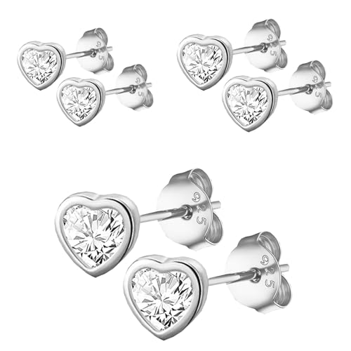 HinDaLi 3 Paar Ohrringe Sterling Silber 925 Stecker für Damen Mädchen Ohrringe Diamant Silber Ohrstecker Herz Knorpel Ohrringe Damen Ohrringe Herz Hypoallergen Ohrringe Silber Set Ohrstecker Damen