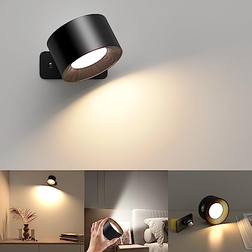 LED Wandleuchte Innen, 3 Helligkeitsstufen 3 Farbmodi , 360° Drehbare Touch Control Wandlampen, LED Dimmbar für Wohnzimmer Schlafzimmer Flur Kabellose Wandleuchten (Schwarz)