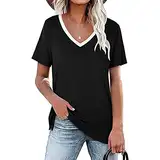 Damen Sommer Casual Kurzarm Tops V-Ausschnitt T-Shirt Bluse Seitenschlitz Tunika Tops Loser Pullover Mit Leggings (M,Schwarz 1)