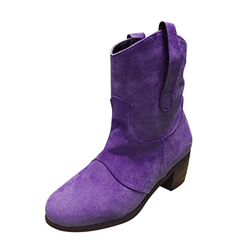 WILLBEST Freizeitschuhe Stiefel im Retro-Stil Bequeme römische Stiefeletten Große Slip-Up-Damenstiefel mit niedrigem Absatz Schmaler Schaft Warm Gefüttert (Purple #2, 42)