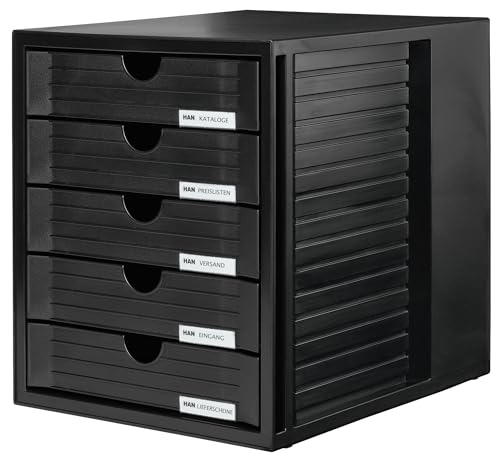 HAN Schubladenbox SYSTEMBOX mit 5 geschlossenen Schubladen für Unterlagen bis DIN C4, Schreibtisch oder im Schrank, inkl. Auszugsperre + Beschriftungsclip, möbelschonende Gummifüße, 1450-13, schwarz