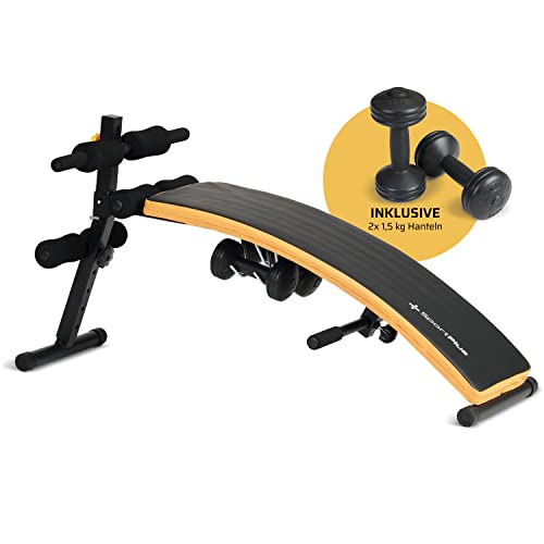 SportPlus Sit Up Bank klappbar mit 2x 1,5 kg Hanteln, Bauchtrainer mit Beinfixierung, mit Handgriffen für diverse Übungen, Hantelbank, trainiert Bauch, Rücken, Schultern & mehr