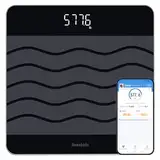 Homebuds 300kg Digitale Personenwaagen Waage mit Gewicht und BMI, Smarte Körperwaage mit Smartphone App Sync via Bluetooth, 8 mm Hartglas mit extra-breiter Plattform, Schwarz