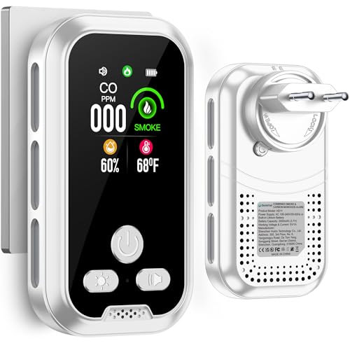 Gedsffati Plug in 4in1 Rauchmelder Kohlenmonoxid Melder Kombination, mit 2000mAh Batterie und 2.1'' HD Bildschirm [CO Temp Rauch Feuchtigkeits Monitor] Plug&Play für Home Hotel, Weiß