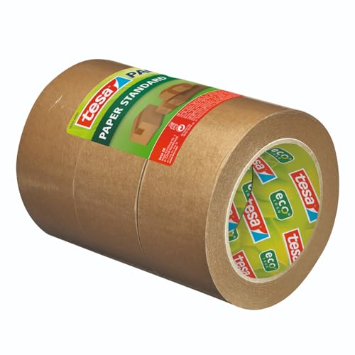 tesa Papier Standard - Umweltschonendes Paketband aus Papier, 56% biobasiertes Material - Effizient und recyclingfreundlich - Braun - 3x 50 m x 50 mm