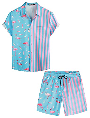 VATPAVE Herren Flamingo Hawaii 2 Teiliges Sets Kurzarm Freizeithemden Strand Outfits Groß Blau Flamingo