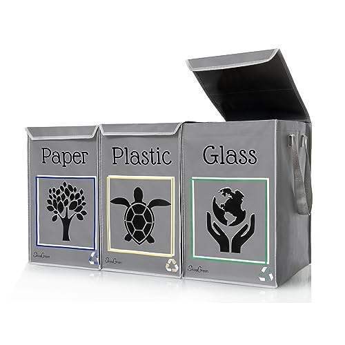 Shiva Green Mulltrennsystem 3fach - Recycling System - Altglas Sammelbehälter - Leergut Sammelbehälter - Altpapier Sammler - aus Plastik und Glas mit Deckel (Olivia.)