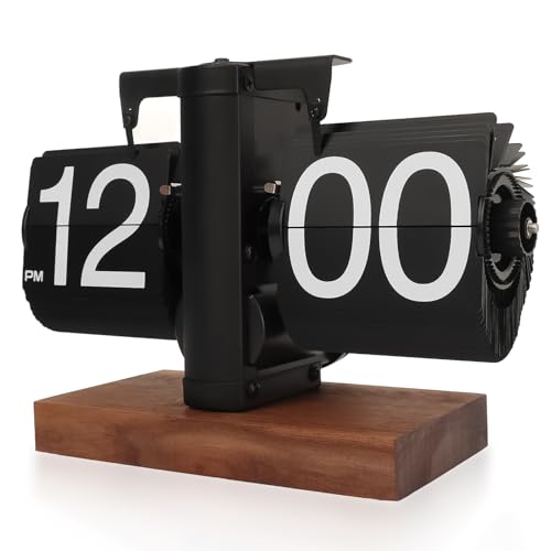 Yusat Retro-Flip-Uhr, Vintage-Tischuhr, digital, automatisches Drehen, batteriebetrieben, mechanische Schreibtischuhr, schwarz, ideal Zuhause, Büro, Raumdekoration (Batterie