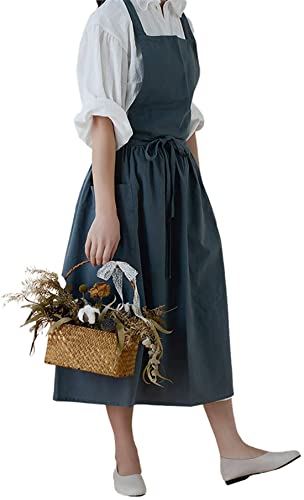 Achsoo Baumwolle Leinen Schürzen Einfarbig Japanischer Stil Kreuz Zurück Schürze mit Tasche Retro Literatur Kunst Blumenladen Kleidung für Damen Herren Küche Kochschürzen (Blau-A)