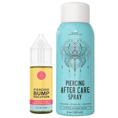 Base Labs Piercing Aftercare Kit | Keloidöl (15ml) plus Piercing-Nachpflegespray (120ml) | Piercing-Pflegeset | Entfernung von Keloidbeulen | Kochsalzlösung für Piercings | Cleanse & Soothe Piercings