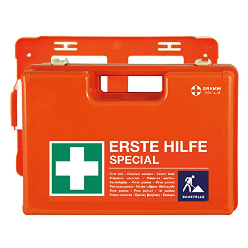 ACTIOMEDIC Erste-Hilfe-Kasten SPECIAL BAUSTELLE, DIN 13157:2021, Notfallkoffer mit Wandhalterung, mehrsprachige Beschriftung, zusätzliches Zubehör, 42 x 33 x 15 cm