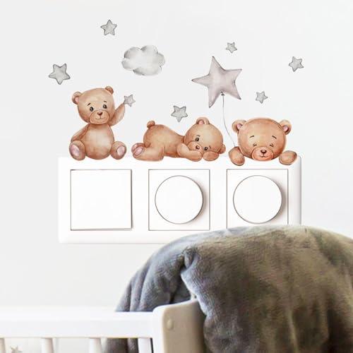 Herfair 6 Stück Schalter Aufkleber Licht, Bär Wandaufkleber, Wolken Wandsticker Babyzimmer Tiere Lichtschalter Sticker Selbstklebende Schalter Aufkleber, Licht Schalter Deko für Kinderzimmer