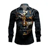 Caxndycing Langarmhemd Herren mit Totenkopf-Print Lässiges 3D-Digital-Kreativdruck-Hemd Hawaiihemd Party Halloween Bedrucktes Hemden Langarm Umlegekragen Kostüm Versteckte Knopfleiste