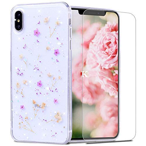 OKZone Kompatible mit iPhone XS Max (6,5 Zoll) Hülle [mit HD-Schutzfolie],[Getrocknete Blumen] Blume Gepresst Handyhülle Kristall Gel Schale Schutz Ultradünn Echte Blume Bumper Case Cover Hülle (Lila)