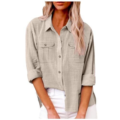 Generisch 2025 Damen Bluse mit Langen Ärmeln Taschen, einfarbig, lässig, Lange Ärmel Bluse Damen Dunkelblau (Khaki, XXL)