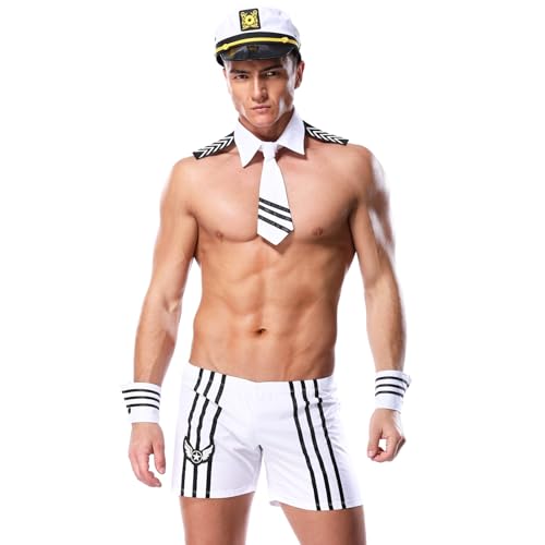 WOPOLIUE Erotische Dessous Herren Matrose Rollenspiel Outfits Marine Uniform Reizwäsche Herren Kellner-Outfit Barkeeper-Kostüm Erotik Männer Set mit Shorts Mütze Manschetten und Kragen